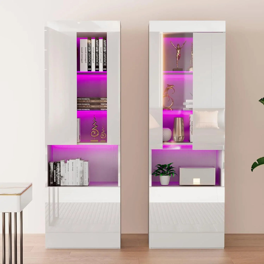 2 Piece 71in Tall Bookcase Storage Cabinet with Glass Doors, Modern High Gloss LED Bookshelf Display with 5 Tiers, Customized