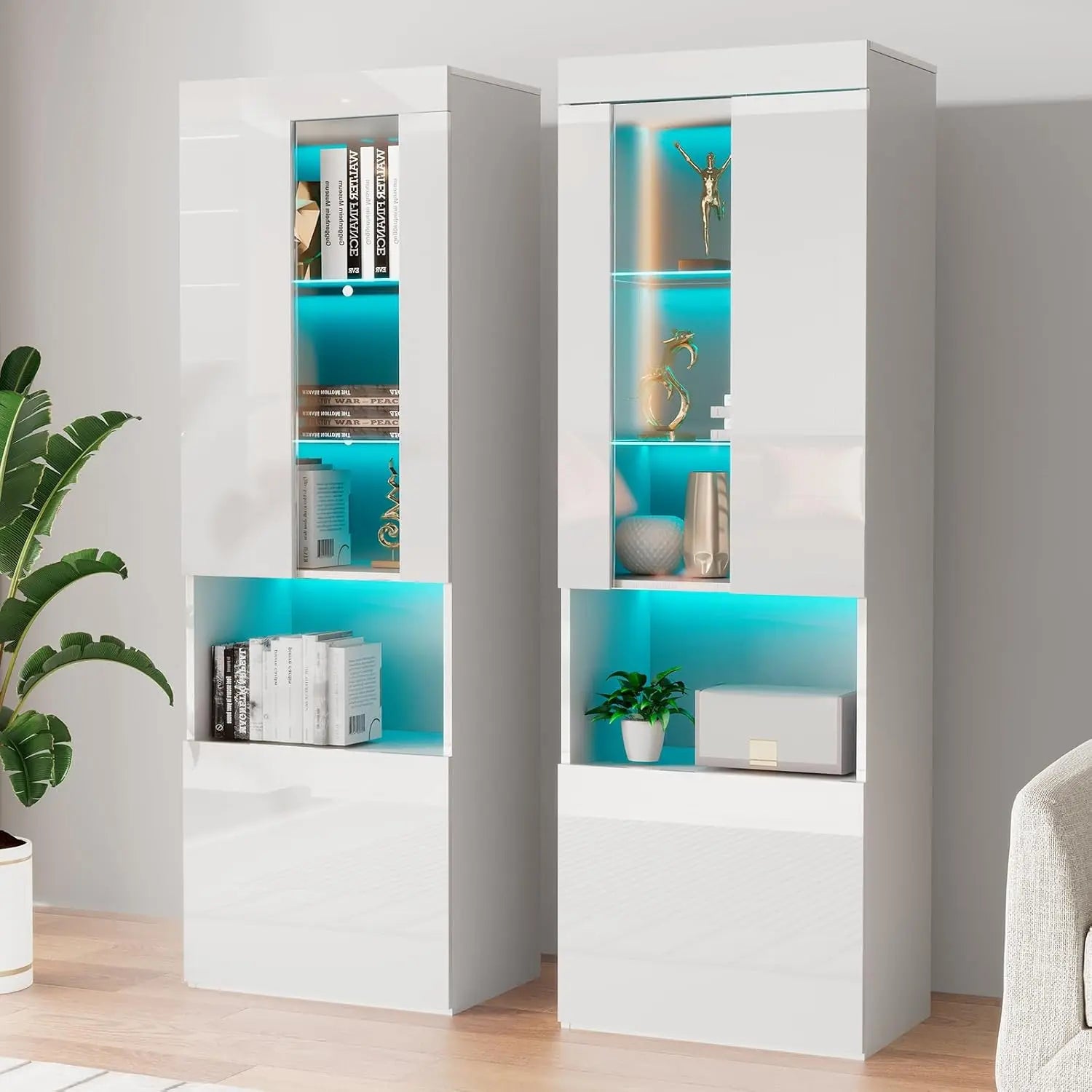 2 Piece 71in Tall Bookcase Storage Cabinet with Glass Doors, Modern High Gloss LED Bookshelf Display with 5 Tiers, Customized