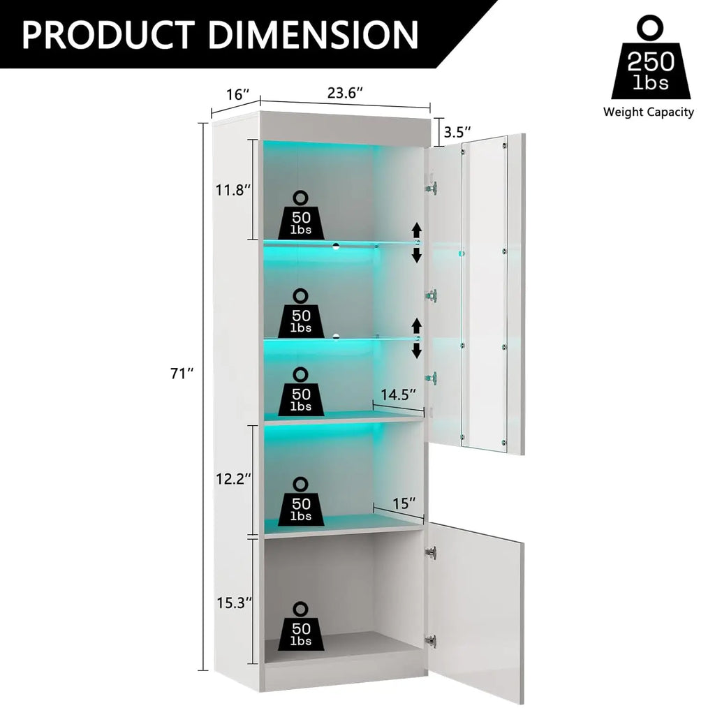 2 Piece 71in Tall Bookcase Storage Cabinet with Glass Doors, Modern High Gloss LED Bookshelf Display with 5 Tiers, Customized