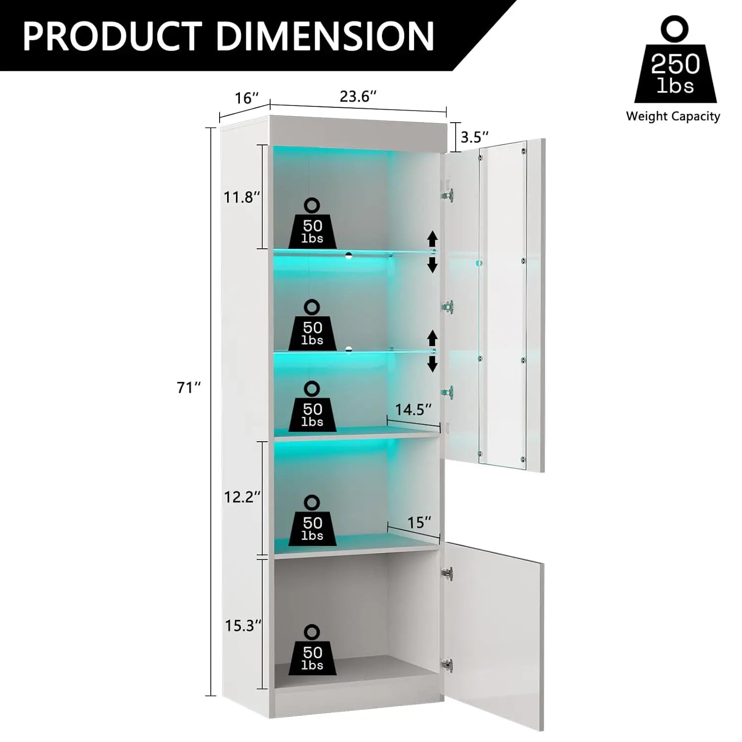 2 Piece 71in Tall Bookcase Storage Cabinet with Glass Doors, Modern High Gloss LED Bookshelf Display with 5 Tiers, Customized