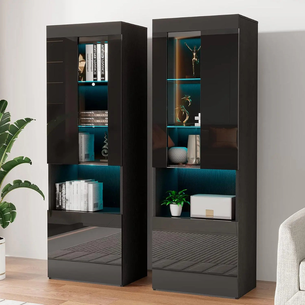 2 Piece 71in Tall Bookcase Storage Cabinet with Glass Doors, Modern High Gloss LED Bookshelf Display with 5 Tiers, Customized