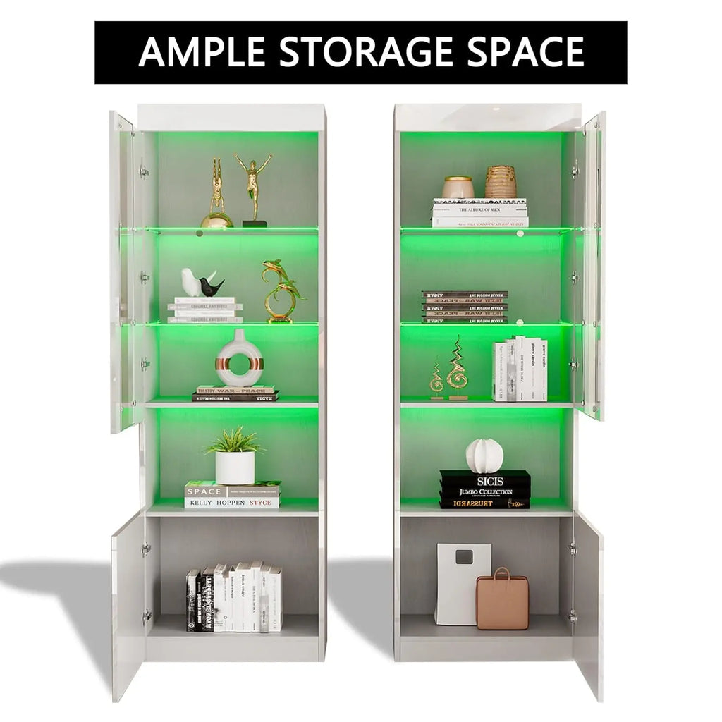 2 Piece 71in Tall Bookcase Storage Cabinet with Glass Doors, Modern High Gloss LED Bookshelf Display with 5 Tiers, Customized