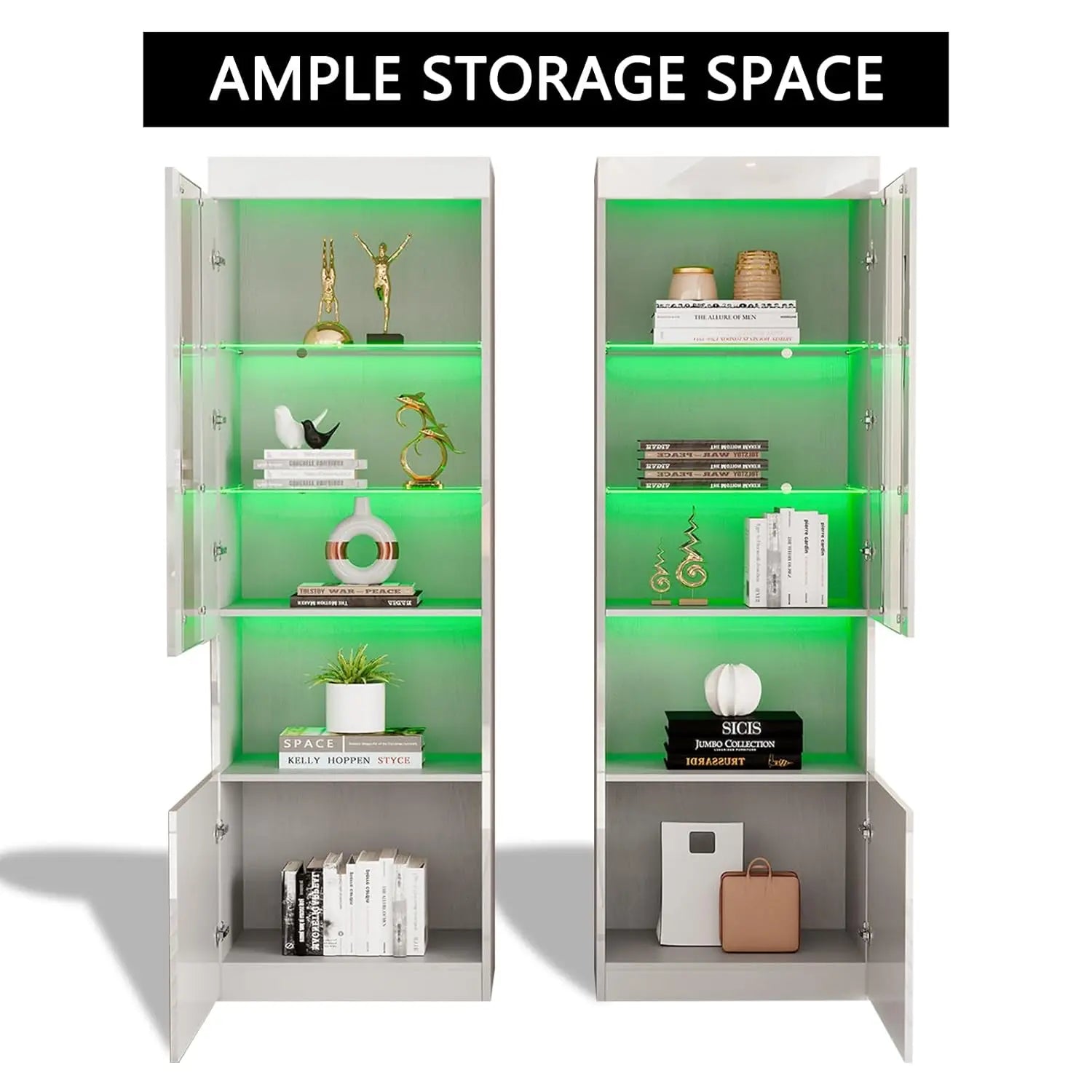 2 Piece 71in Tall Bookcase Storage Cabinet with Glass Doors, Modern High Gloss LED Bookshelf Display with 5 Tiers, Customized
